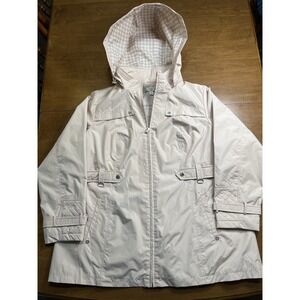 Liz Claiborne Rain Jacket Women's 2XL Light Pink Zipper Belt Gingham‎ Liner Hood